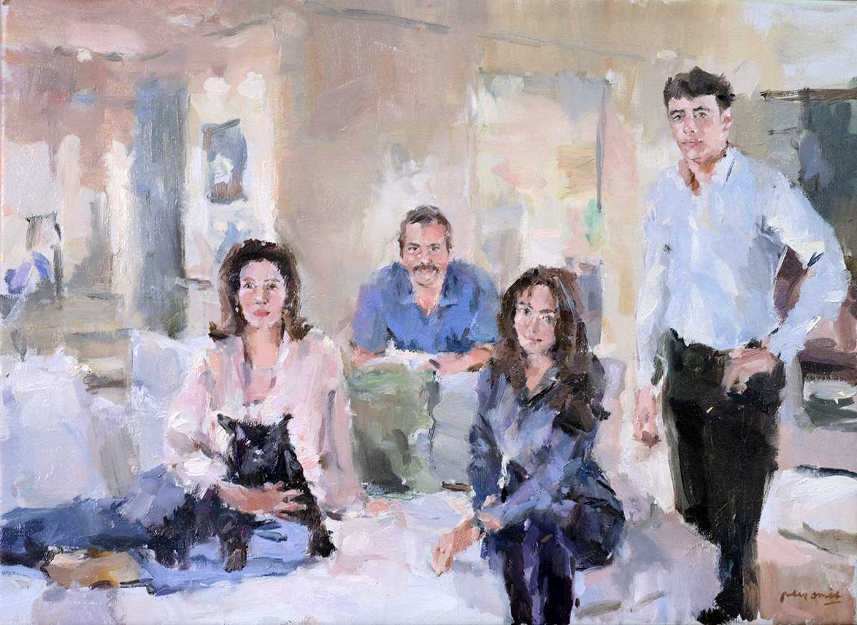 Familie in huiselijke sfeer, olieverf/linnen, 35 x 55 cm.