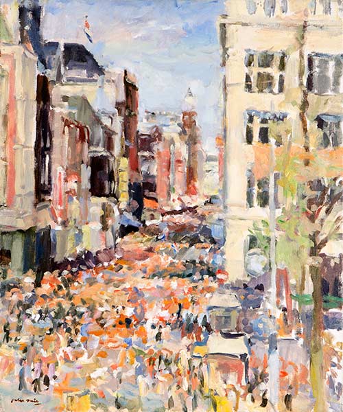 Koninginnedag in Amsterdam", vanaf het Ajaxbordes, Leidseplein - olie op linnen, 60 x 50 cm