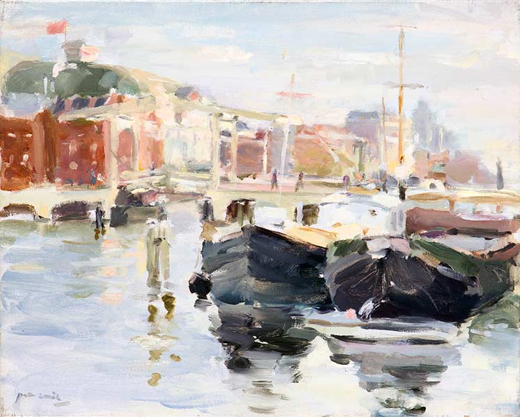 Twee boten voor Carre aan de Amstel - olie op linnen - 40 x 50 cm.