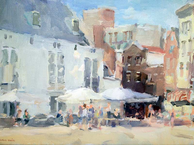 Terras op de Dam, olie/doek, 30 x 50 cm