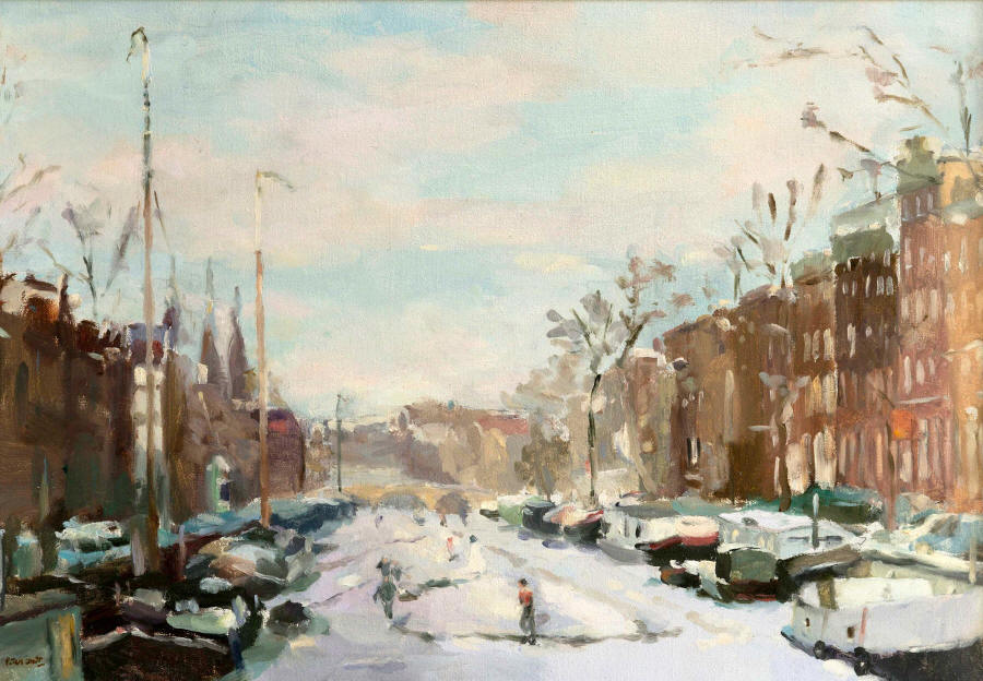 Sneeuwpret op de Herengracht - olieverf op linnen - 30 x 50 cm