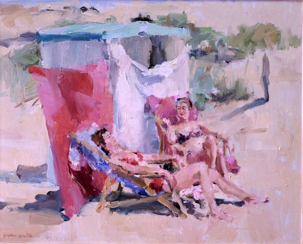 "Het Rode strandscherm", olieverf/linnen, 30 x 40 cm.