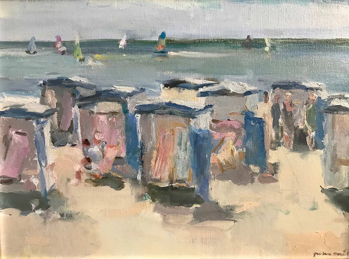 "Strandkorven & zeilboten", olieverf/linnen, 40 x 50 cm.
