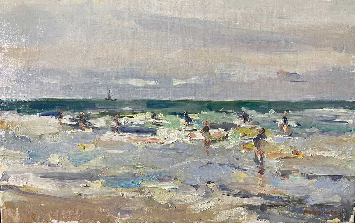 "Strandkorven & zeilboten", olieverf/linnen, 40 x 50 cm.